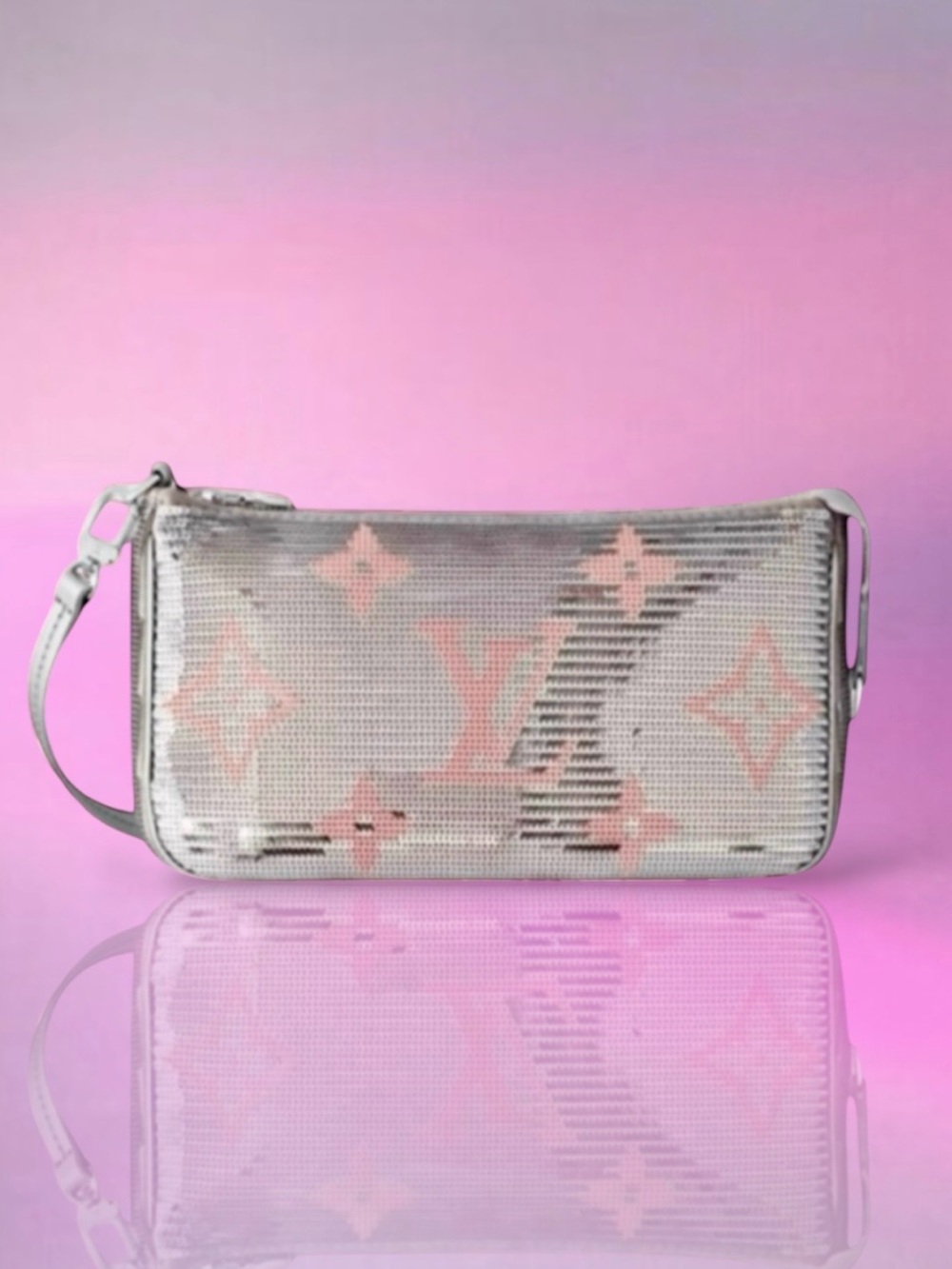 🆕💗LOUIS VUITTON Pochette Accessoires SILVER & PINK Sequins PINK 'LV' Logo Ltd Ed